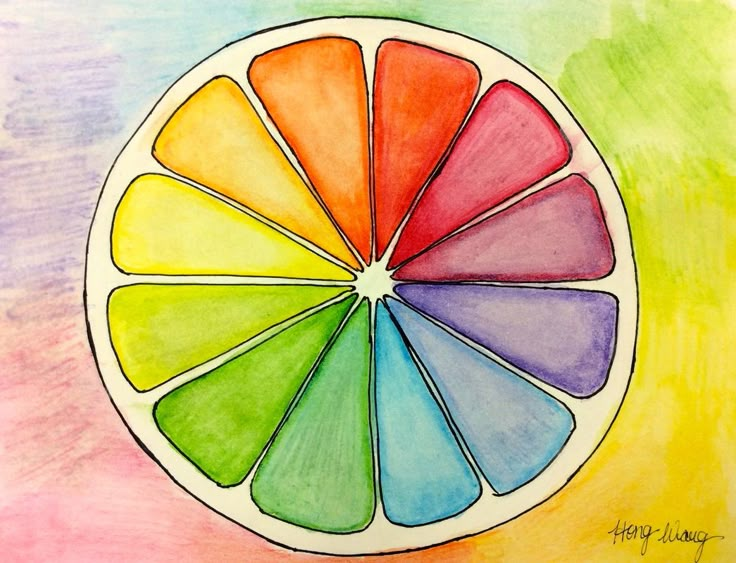 the color wheel is painted in watercolor and it appears to be an orange or grapefruit