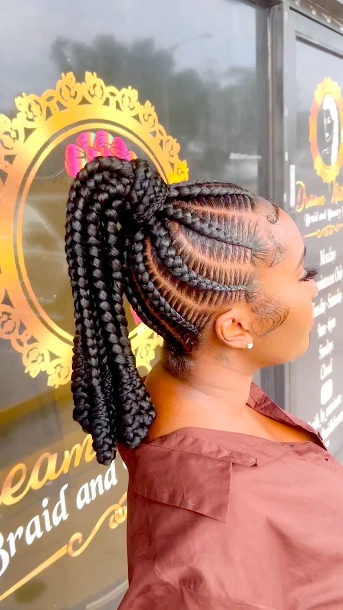 Cornrow Braids Updo, Stitch Braid Updo, Feed In Ponytail Hairstyles, Low Cornrow Ponytail For Black Women, Cute Braid Ponytail Hairstyles, Conrow Ponytails Braids, Braids For Black Women Updo, Medium Feed In Braids Ponytail, Updo Hairstyles Braids