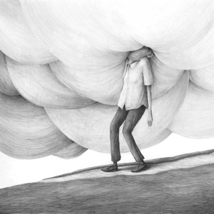 a drawing of a man standing on top of a hill with clouds in the background