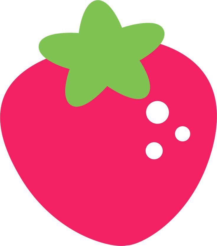 a pink strawberry with green leaves on it's side and two white dots in the middle