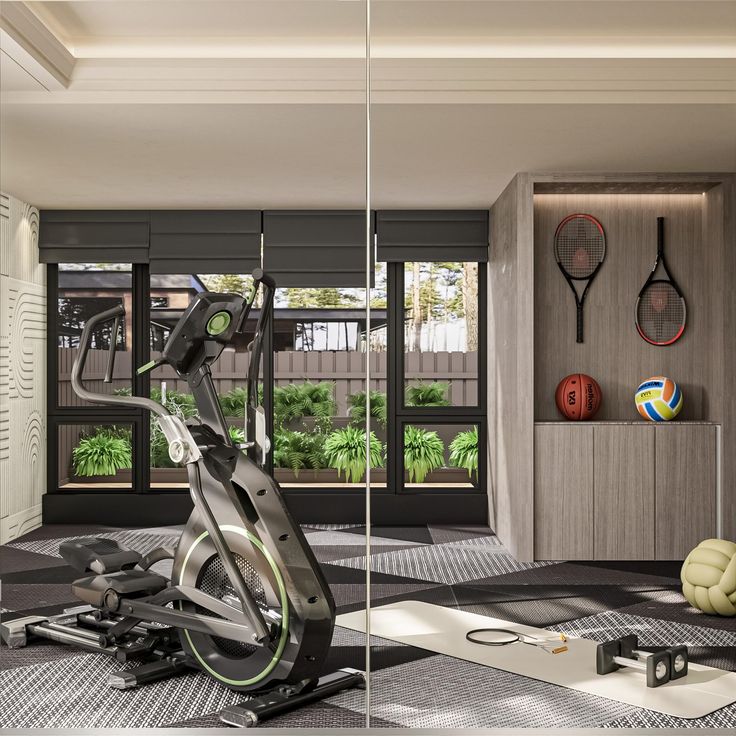 there is a spinning exercise bike in the room