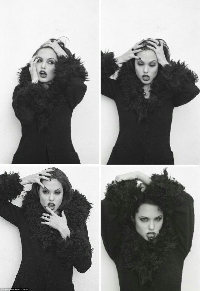 black and white photos of a woman with fur collars on her head, in four different poses