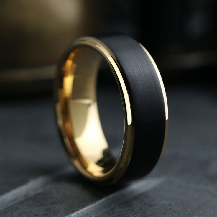 Men's Black and Yellow Gold Wedding Band - The Gatsby 3 / Men's Tungsten Yellow Gold Wedding Band Men Wedding Band Tungsten, Marriage Rings For Man, His Ring Wedding Bands, Black Band Rings Men, Black Man Wedding Ring, Men’s Black Rings, Black Gold Ring Mens, Gold Mens Rings Wedding, Black And Gold Ring Men