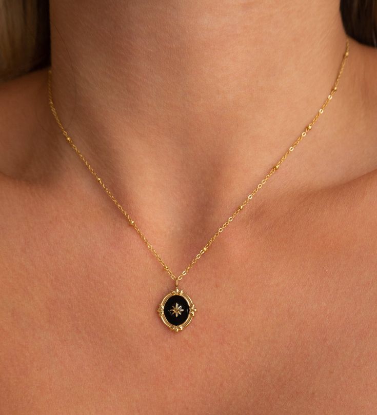 Maelle Necklace – JacqMaria Jewelry Gold Black Necklace, Gold Pendant Jewelry Simple, Edgy Gold Jewelry, Vintage Necklace Aesthetic, Gold And Black Jewelry, Gold Jewellery Aesthetic, Black And Gold Jewelry, Gold Necklace Vintage, Black And Gold Necklace