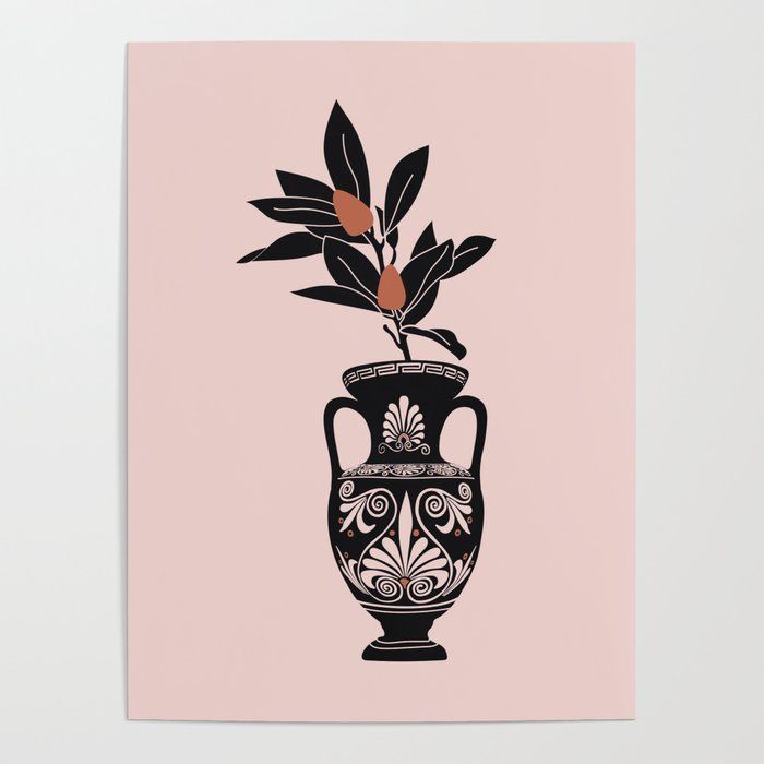 a black and white vase with a plant in it on a pink background poster print