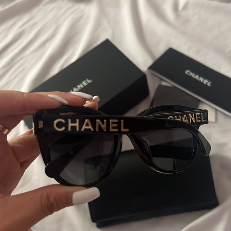 Authentic Chanel Sunglasses - With Gold On The Side Polarized Comes With Box, Lens Cloth, Everything Shown In Pictures Chanel Glasses, Sun Glass, Chanel Sunglasses, Chanel Accessories, Rich Girl, Chanel Black, Christmas Wishlist, On The Side, Polarized Sunglasses