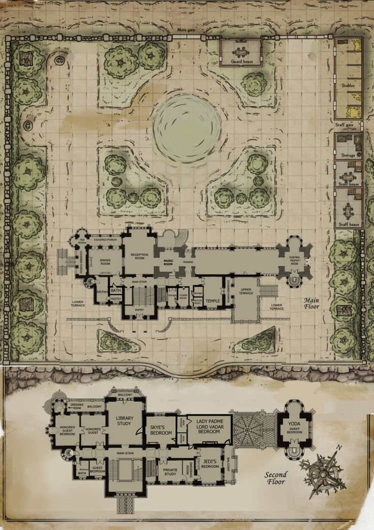 the floor plan for an old house with two courtyards and several rooms in it