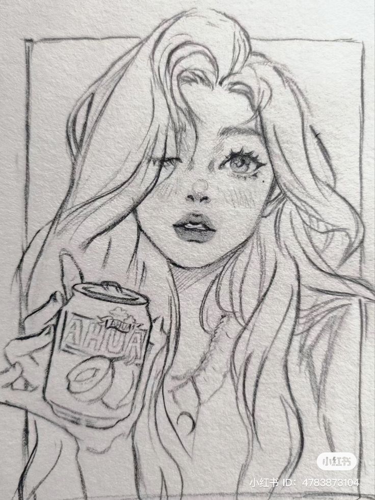 a drawing of a girl holding a can of soda in her hand and looking at the camera