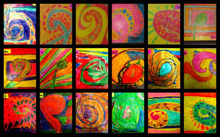 many different colored paintings with swirls and shapes on them, all in various colors