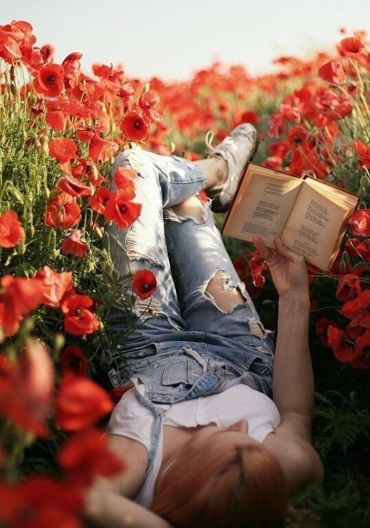 a person laying down in a field of red flowers reading a book with their feet up on the ground