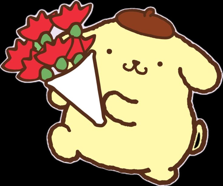 a cartoon dog holding a bouquet of flowers