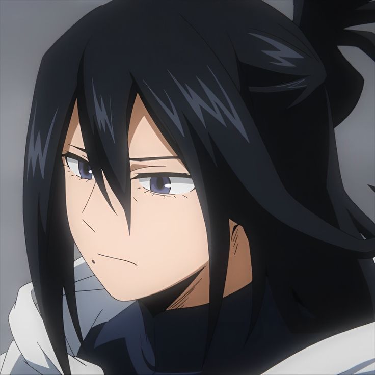 an anime character with long black hair and blue eyes looking at something in the distance