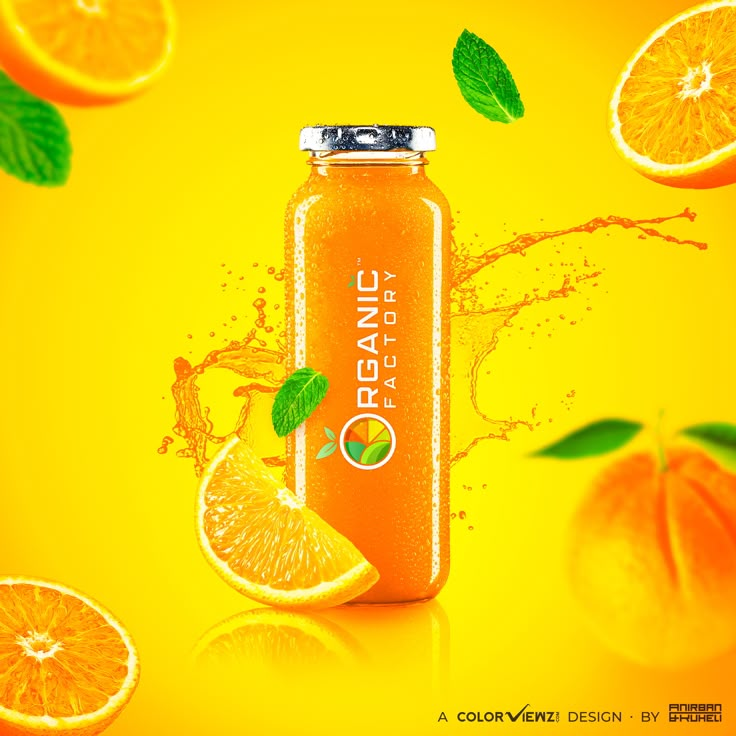 an orange juice advertisement with sliced oranges and leaves on the side, in front of a yellow background