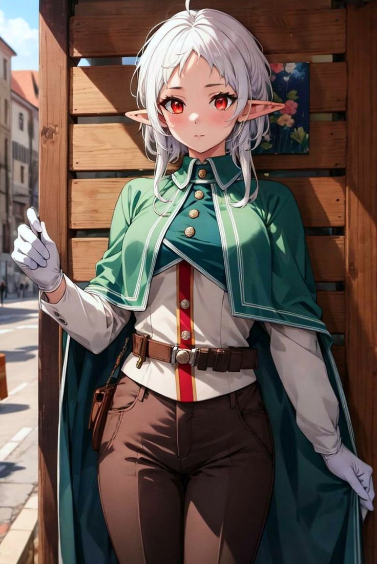 an anime character with white hair wearing a green cape and holding her hand out to the side