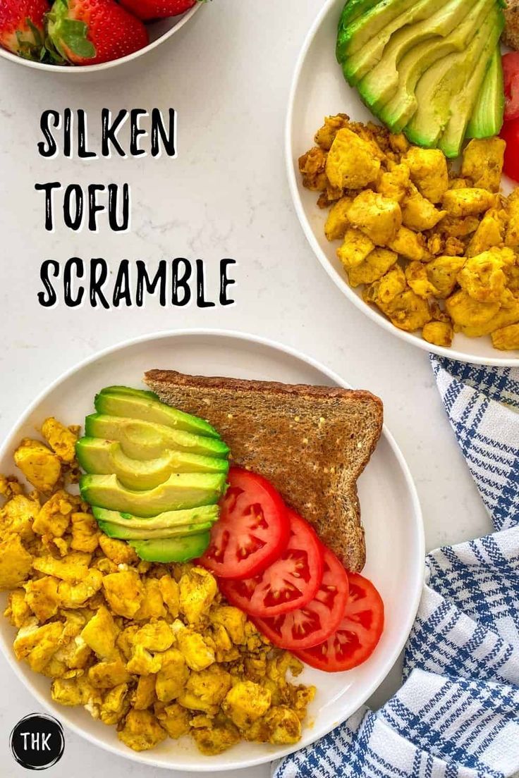 two white plates topped with different types of food and the words, silken tofu scramble