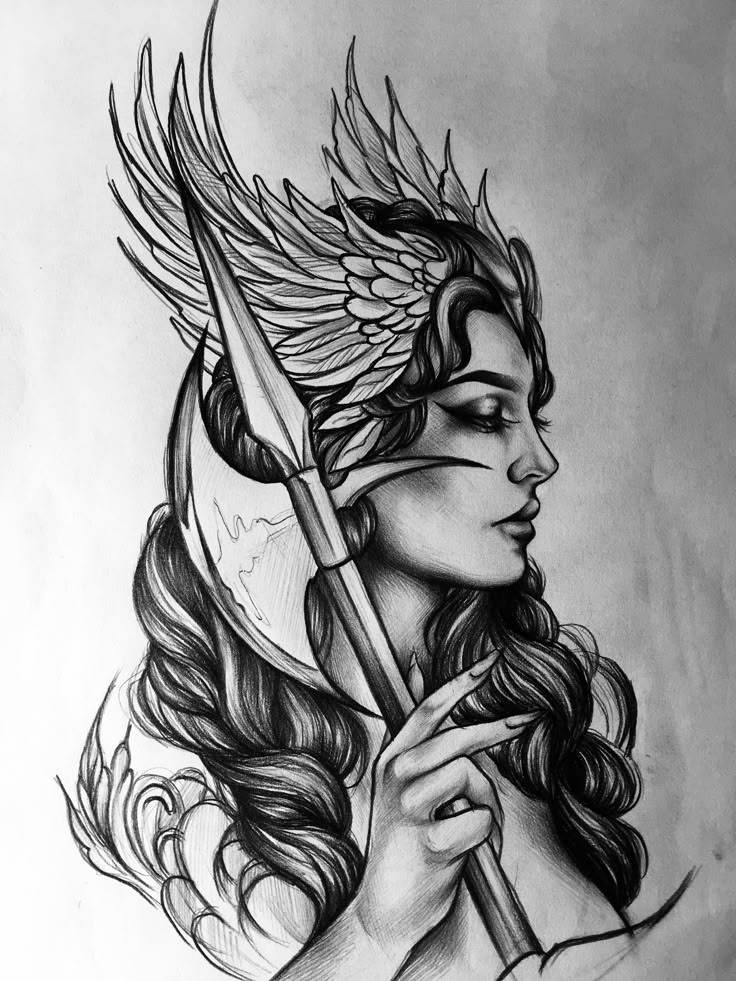 a pencil drawing of a woman holding an arrow