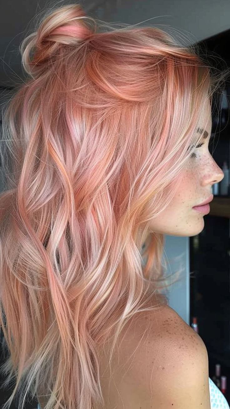 Rose And Blonde Hair, Platinum Blonde Hair With Rose Gold Highlights, Strawberry Milk Hair Color, Colorful Blonde Hair, Bronde Balayage With Pink, Colorful Balayage Hair, Fairy Hair Color Ideas, Strawberry Blonde Hair With Pink, Rose Gold Balayage Blonde