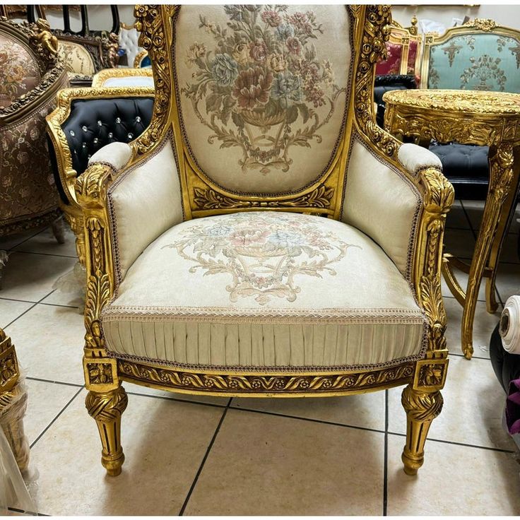 an ornately decorated chair in a store