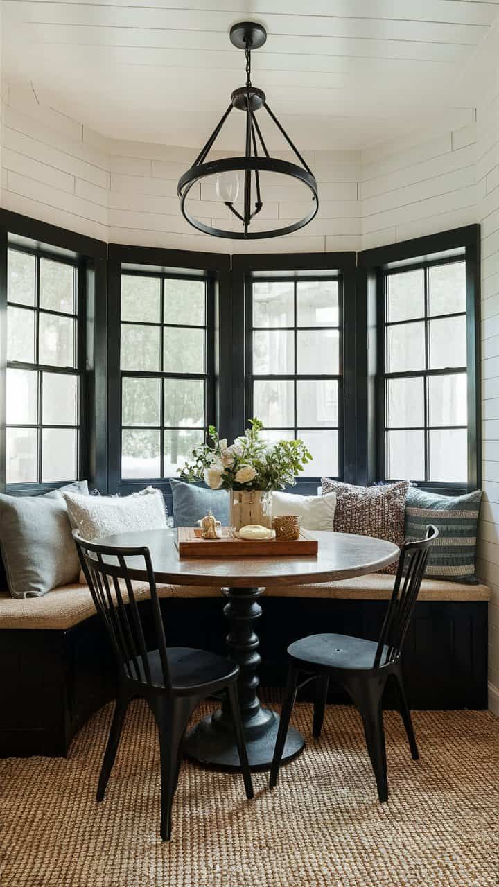 a dining room table with four chairs and a bench in front of three large windows