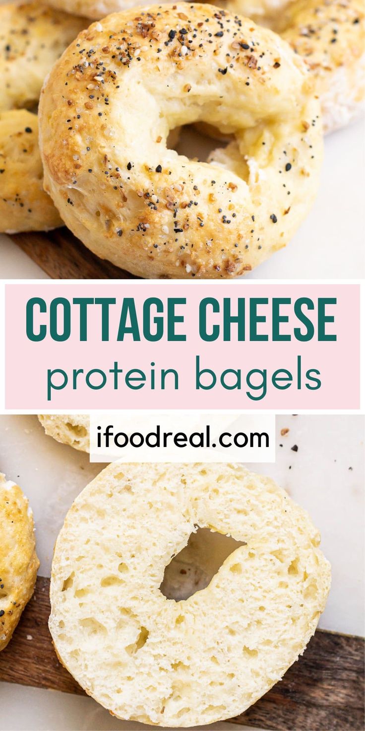 bagels with poppy seed sprinkles on them and the text cottage cheese protein bagels