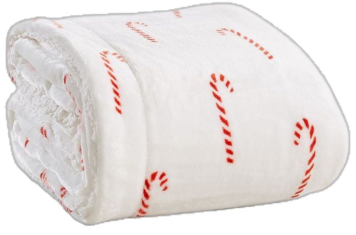 a white towel with red and white candy canes printed on the front, rolled up in half