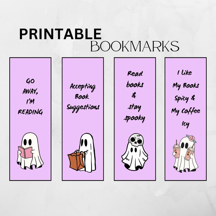 three bookmarks with ghost characters on them and the words printable books written in different languages