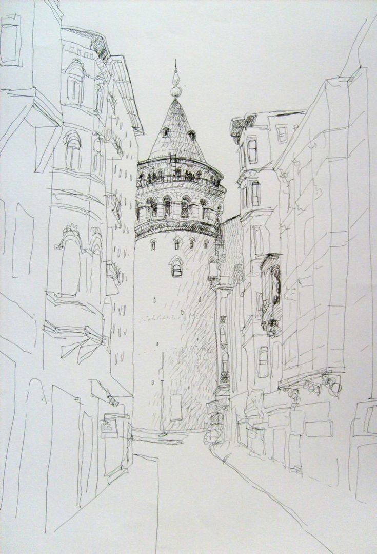 this is a drawing of a castle in the middle of an alleyway with buildings on both sides