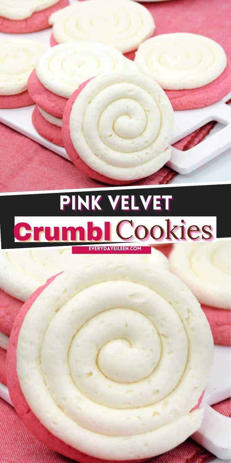 pink velvet crumbl cookies with white frosting on top and the words, pink velvet crumbl cookies