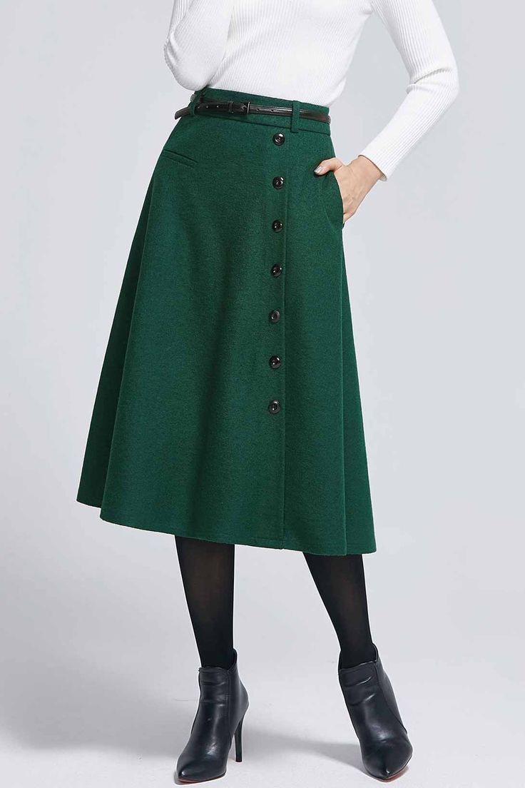 This Feminine and retro looking green buttoned skirt finished with soft wool blend, with fitted waist design, Button detail front, this a line skirt is best worn with something fitted on the top to create a great silhouette . This trending woman's winter skirt will be a conversation piece with all your friend.DETAIL* 5 A Line Skirt Outfits, Buttoned Skirt, Winter Skirt, Cotton Bottoms, Wool Skirt, Line Skirt, Vintage Elegant, Wool Skirts, Green Skirt