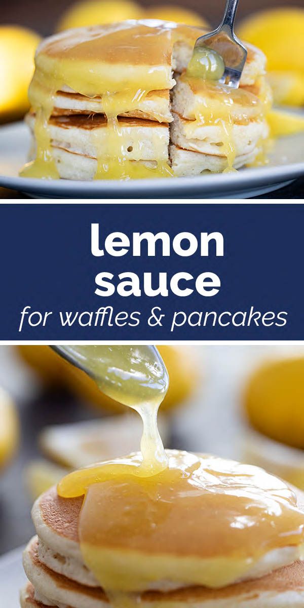 lemon sauce being drizzled over pancakes on a plate