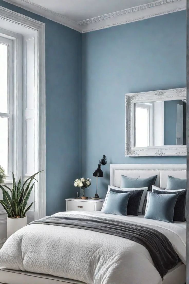 a bedroom painted in blue and white with a bed, dresser, mirror and window