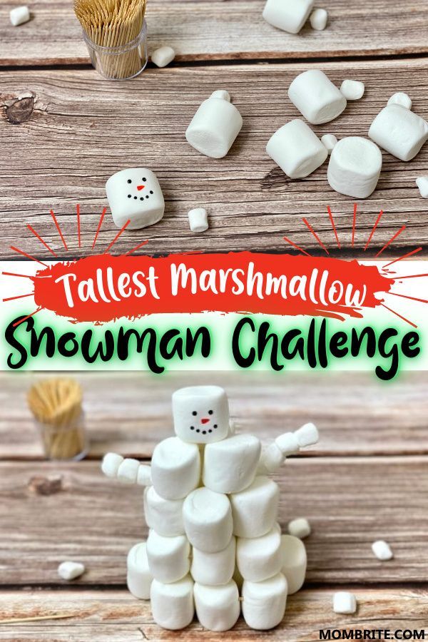 some marshmallows are stacked on top of each other with the words, tallest marshmallow snowman challenge