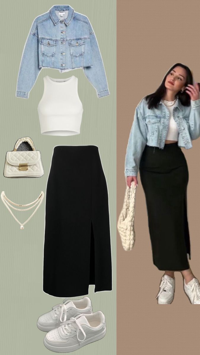 Women’s outfit idea Long Skirt With Jean Jacket, Outfit Ideas With White Crop Top, Crop Jacket And Skirt Outfit, Denim Skirt And Crop Top Outfit, Crop Demin Jacket Outfit, Denim Tops Women Fashion Styles, Cropped Jacket And Skirt Outfit, Winter Outfit With Denim Jacket, Crop Tops On Jeans