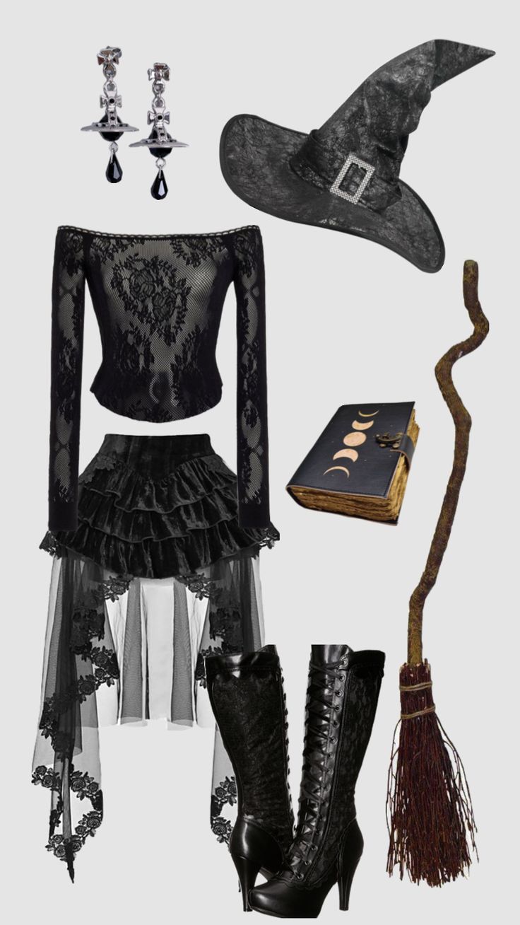 a witch costume is shown with boots and a book