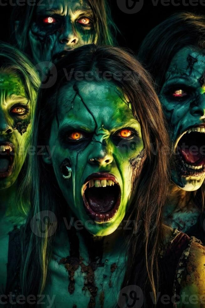 a group of zombie women with green paint on their face and hands, all looking at the camera