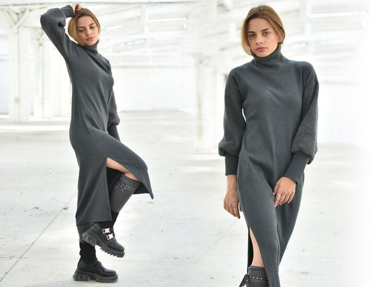 "Dark Grey Wool Winter Dress, Turtleneck Dress, Sweater Dress ◈ Stylish and chic fashion is our shared dream! You can be sure that this piece is made with a lot of love and craftsmanship. ◈ S I Z I N G ◈ The model wears size S. This item is available from XS to XXL. Please, have a look at my Size Chart below before placing your order. The model in the picture is 63'' (160 cm) tall. ◈ D E L I V E R Y ◈ This item will be shipped in up to 5 days after your order was placed. We use Express worldwide Gray Knit Dress, Warm Dress, Grey Knit Dress, Wool Sweater Dress, Dress Stylish, Long Knitted Dress, Turtleneck Dress, Warm Dresses, Dress Sweater