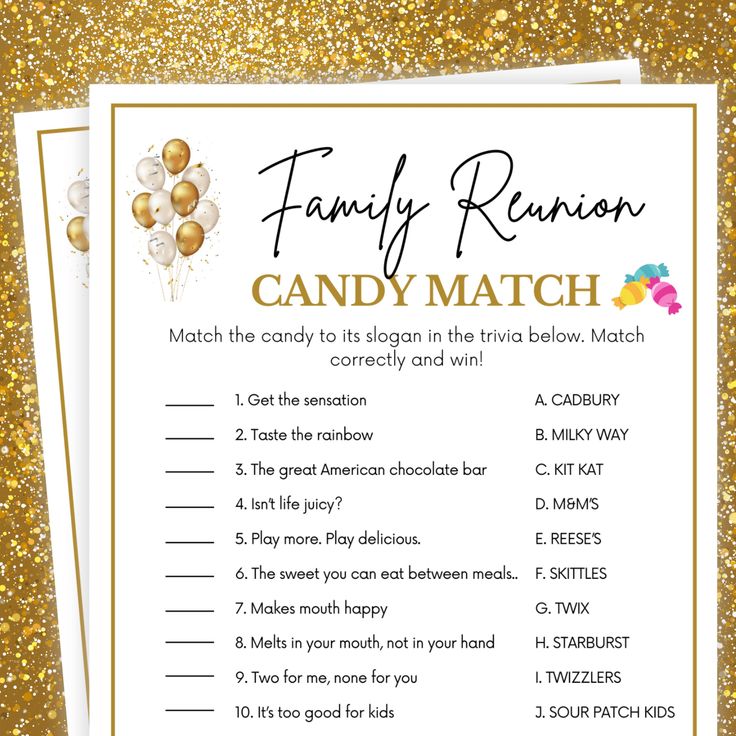 a candy match game with balloons and confetti on the top, in gold glitter