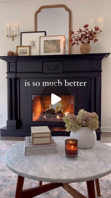 a living room with a fireplace and pictures on the wall above it that says, is so much better?