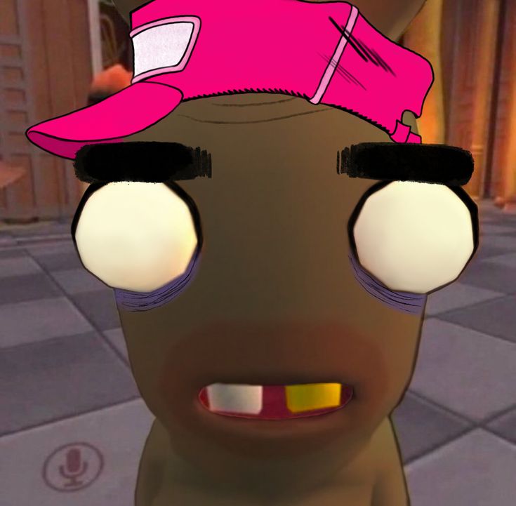 a cartoon character with big eyes and a pink hat on his head, staring at the camera