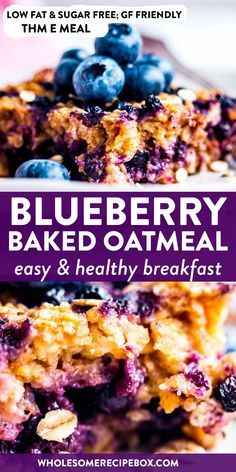 blueberry baked oatmeal is stacked on top of each other