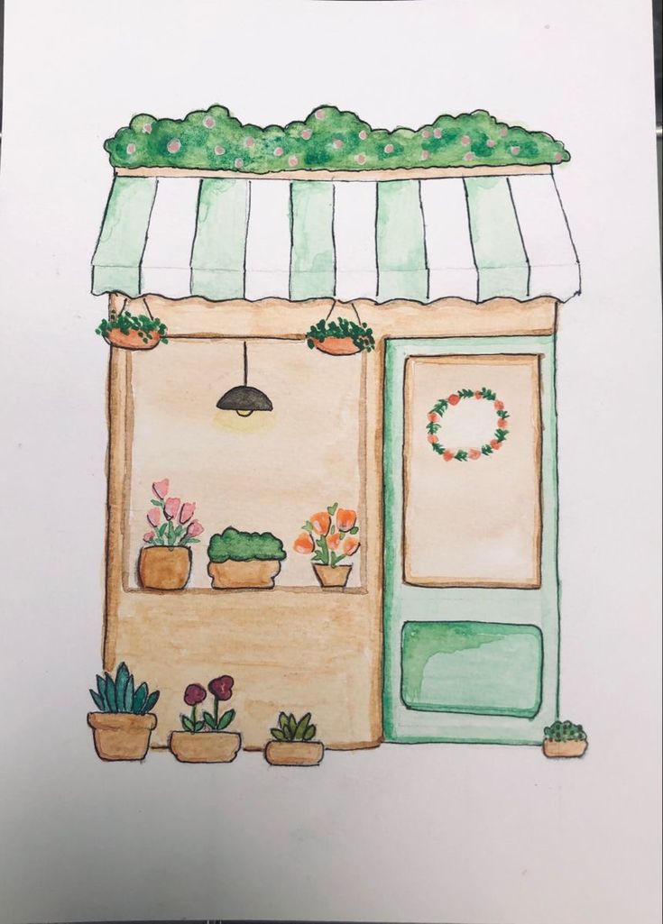 a drawing of a store front with potted plants