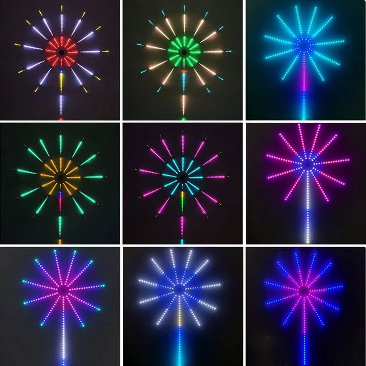 six different colored fireworks are shown in the dark, and one is lit up with bright lights