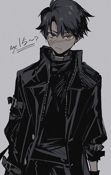 an anime character with black hair and yellow eyes, wearing a trench coat while standing in front of a white background