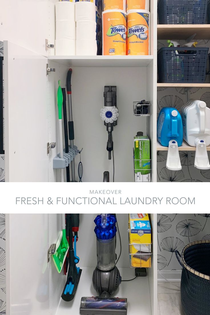 a white closet filled with lots of cleaning supplies and items next to a black trash can