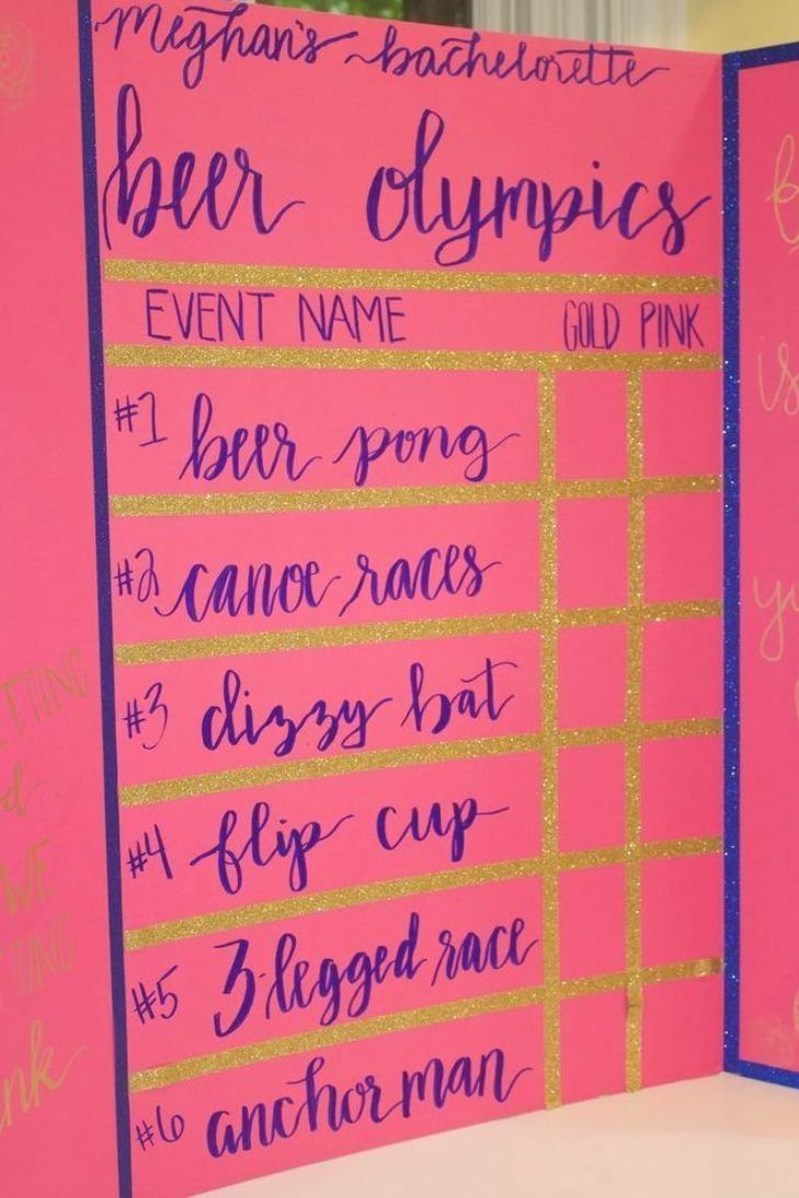 a pink card with writing on it that says beer olympics and other important things to do