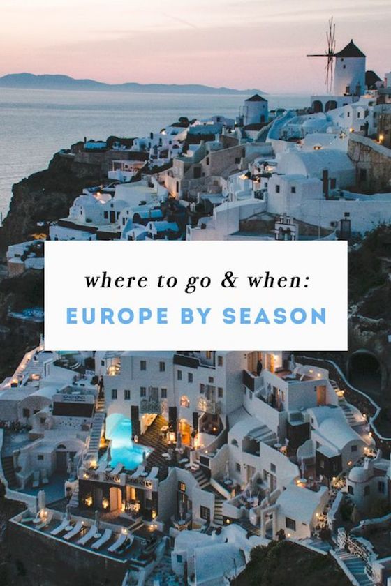 an aerial view of houses and windmills with the words where to go & when europe by season