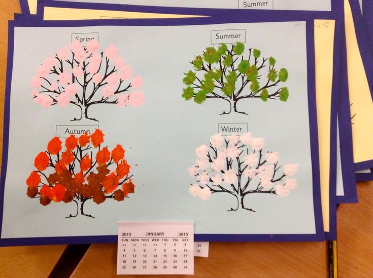 four different types of trees are shown on a table with a calendar in front of them