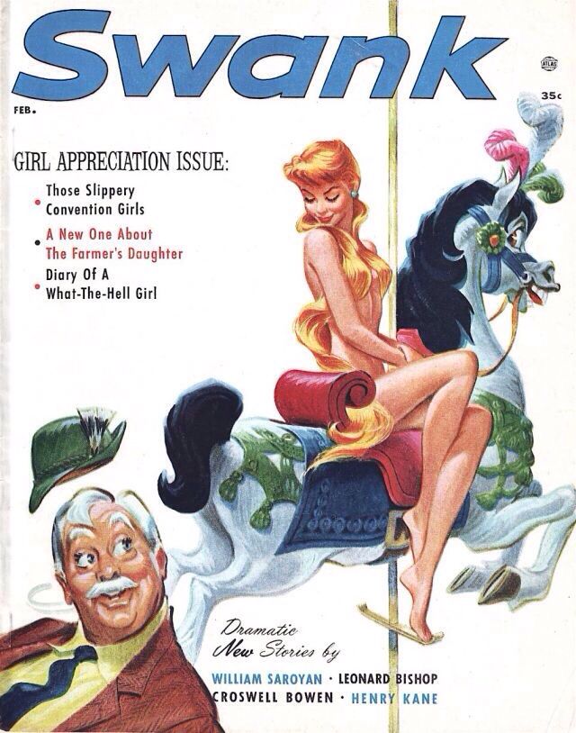 an old magazine cover with a woman riding a horse and man on the back of it