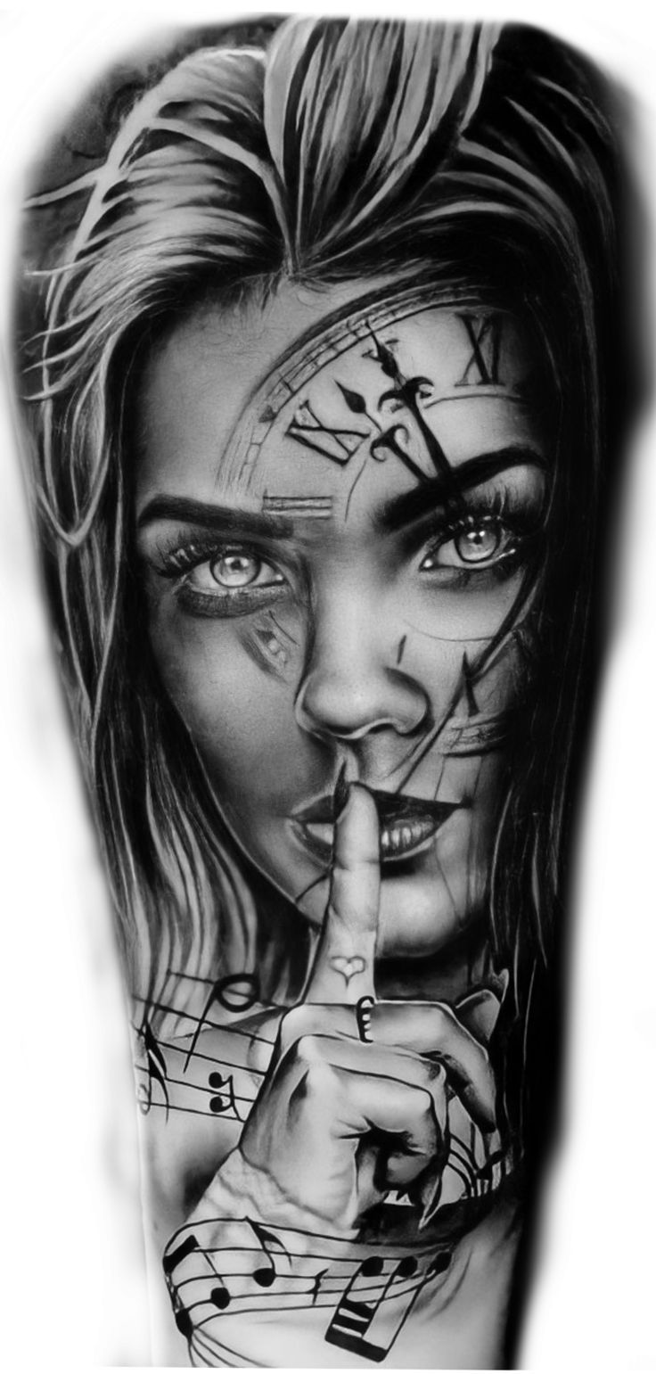 a woman's face with music notes on it and a clock in her hand