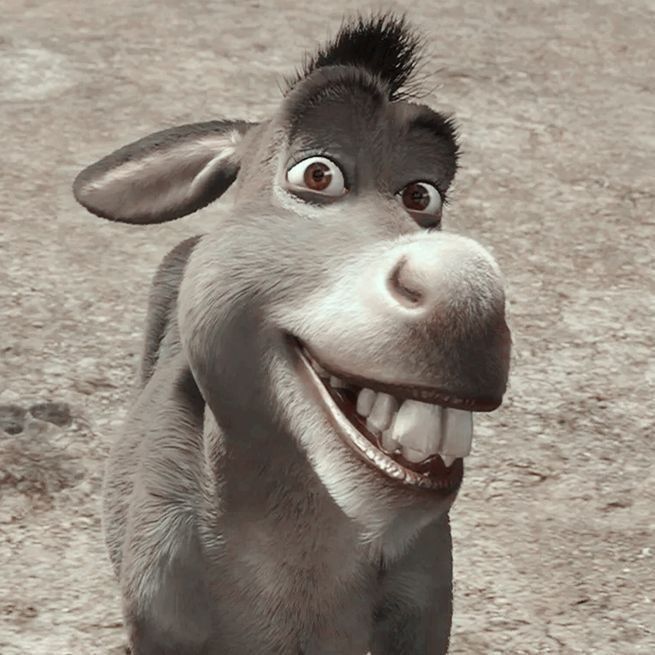 an animated donkey is smiling and looking at the camera